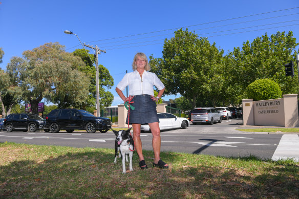 Hampton resident Felicity Frederico stands outside the entrance to Haileybury’s Brighton campus at pick-up time.