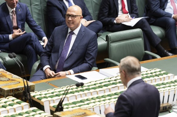 Opposition Leader Peter Dutton and Prime Minister Anthony Albanese during Question Time at Parliament House in Canberra on Thursday 19 October 2023.