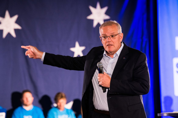 Prime Minister Scott Morrison speaking to the party faithful in NSW yesterday. 