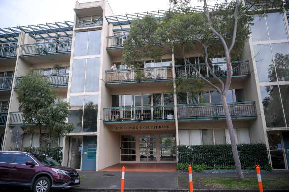 The Kings Park apartment complex in Southbank, where two residents tested positive on Tuesday.