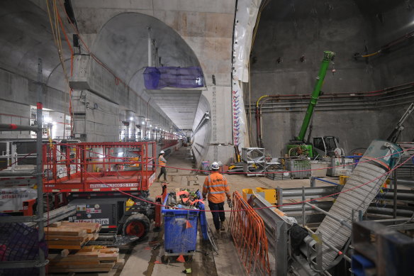 Town Hall Station (pictured in February 2023) is one of five new underground stations built as part of the Metro Tunnel Project. 