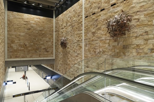 The cavernous interior of the new metro station at Barangaroo, on the western side of Sydney’s CBD.