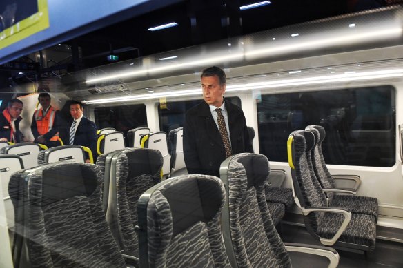Transport minister Andrew Constance shows off the new Intercity train fleet on Tuesday at Hurstville. 