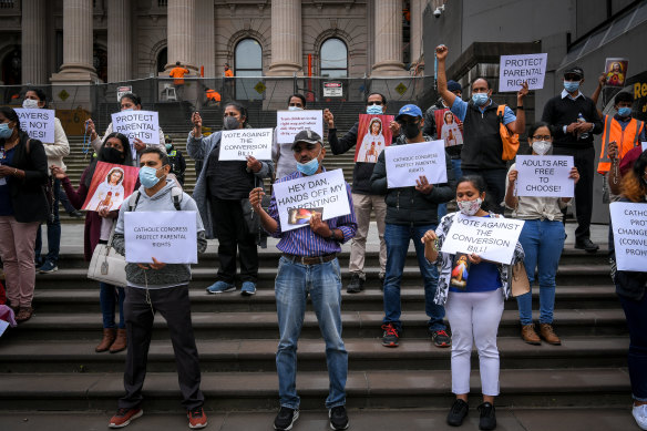 Protesters on the steps of Parliament House on Tuesday.