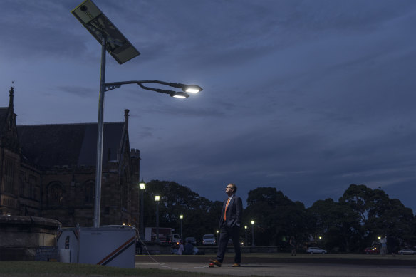 Sydney University Professor Thomas Maschmeyer, seen with lights powered by an innovative zinc-bromine battery, believes science is under attack from Canberra.