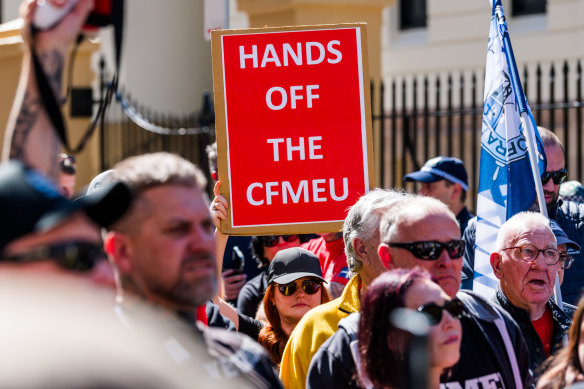 CMFEU members rally outside NSW Parliament on Macquarie Street, Sydney on Tuesday.