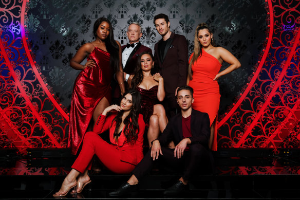 Moulin Rouge! The Musical cast at the show’s launch in Sydney: (front from left) Samantha Dodemaide, Alinta Chidzey and Christopher J Scalzo; and (back from left) Ruva Ngwenya, Simon Burke, Des Flanagan and Olivia Vásquez.