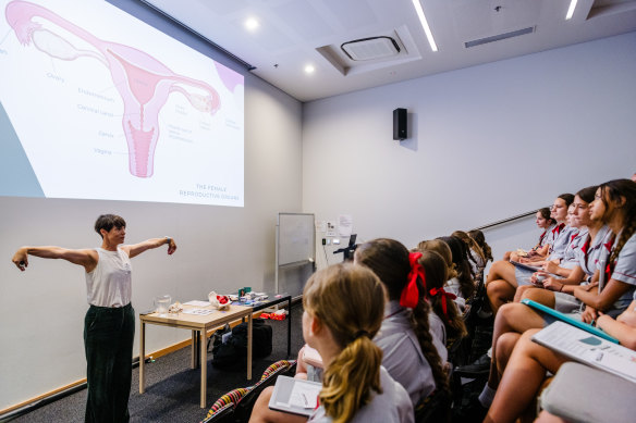 Pelvic health physiotherapist Polly Levinson delivers a PPEP (periods, pain and endometriosis program) talk at Queenwood School for Girls in Mosman on Thursday. 