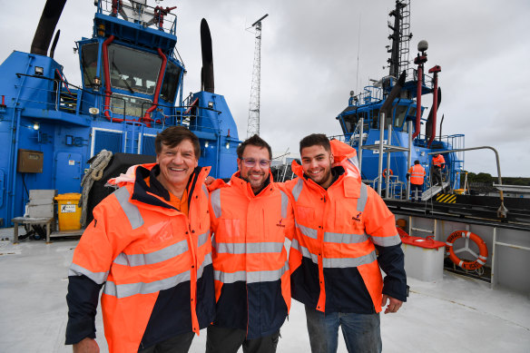 The tugboat heroes who helped to save the Portland Bay freight ship from being washed ashore.  The crew from the SL Diamantina: engineer Marius Fenger, ship’s captain Brad Lucas and deckhand Alex Alsop.