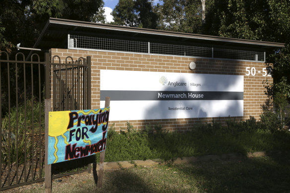 Flowers and tributes outside Newmarch Aged Care Village after COVID-19 was reported there in May 2020. 