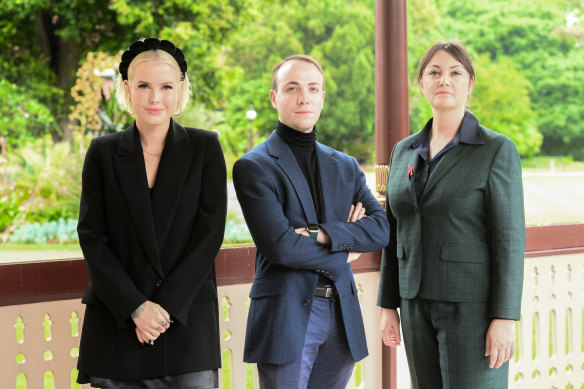 Animal Justice Party MP Georgie Purcell (left), Aiv Puglielli from the Greens, and Rachel Payne from Legalise Cannabis brought a bill before parliament last year.