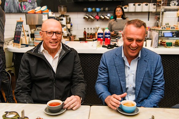 Wilson pictured with then opposition leader Peter Dutton on election day. Dutton lost his seat later that night.