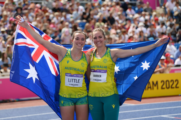 Mackenzie Little (left) and Kelsey-Lee Barber took silver and gold in the women’s javelin at the Birmingham Commonwealth Games.