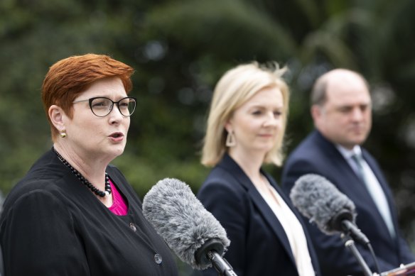 Foreign Affairs Minister Marise Payne with British Foreign Secretary Liz Truss and Defence Secretary Ben Wallace at Kirribilli House on Friday.