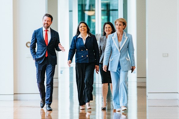 Liberal senator Jacinta Nampijinpa Price (centre) before the Liberal leadership vote last week, with Senator Michaelia Cash (right). 