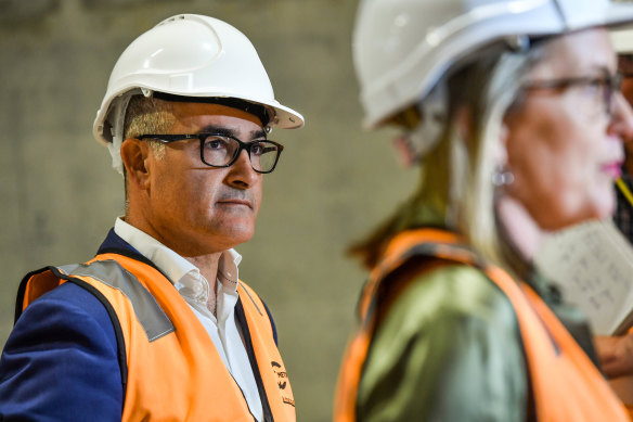 Acting Premier James Merlino and Minister for Transport Infrastructure Jacinta Allan address the media at the eastern entrance to the Metro Tunnel on Thursday.