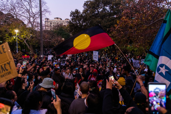 Protesters at the Black Lives Matter rally in Sydney on Saturday.