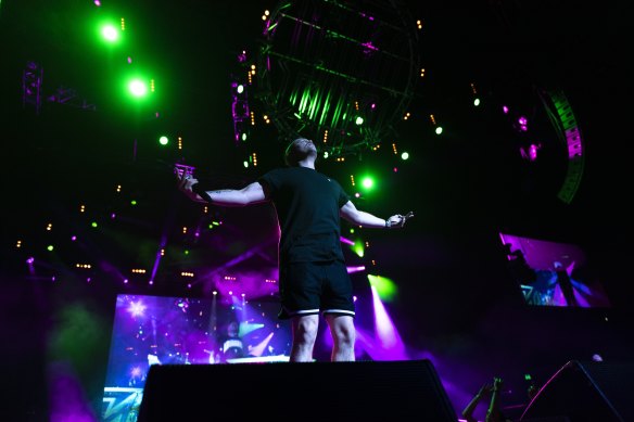 MC Pressure (Daniel Smith) performed as part of Hilltop Hoods at Qudos Bank Arena on Saturday.
