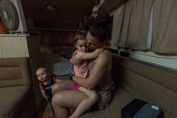 Sarah Beer with daughter Elsie and son Xavier holed up in the caravan.