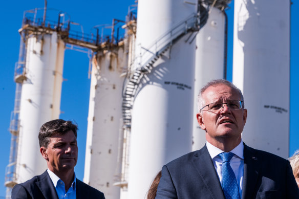 Scott Morrison and Angus Taylor at Viva Energy’s Oil Refinery in Corio on Wednesday.