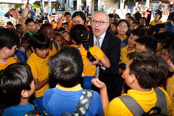 Albanese meets kids at Cabramatta Public School in Sydney while campaigning in the former Labor stronghold of Fowler.