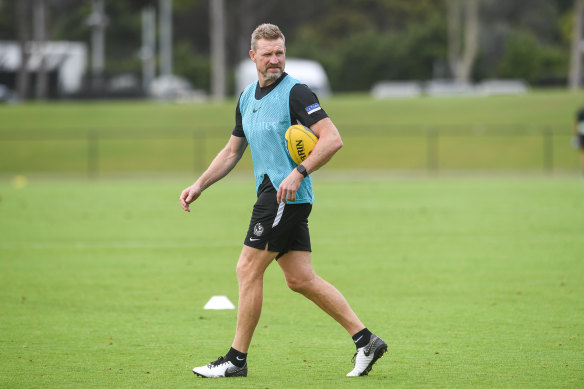 Collingwood coach Nathan Buckley oversees training on Monday.