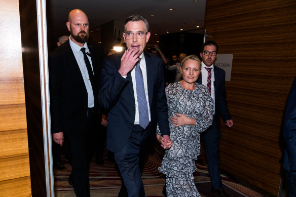 Dominic Perrottet arrives at the Liberal Party election night function with his wife Helen.