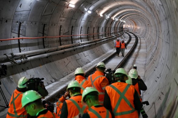 Premier Gladys Berejiklian and Transport Minister Andrew Constance inside the new cross-harbour metro tunnel between Blues Point and Barangaroo.