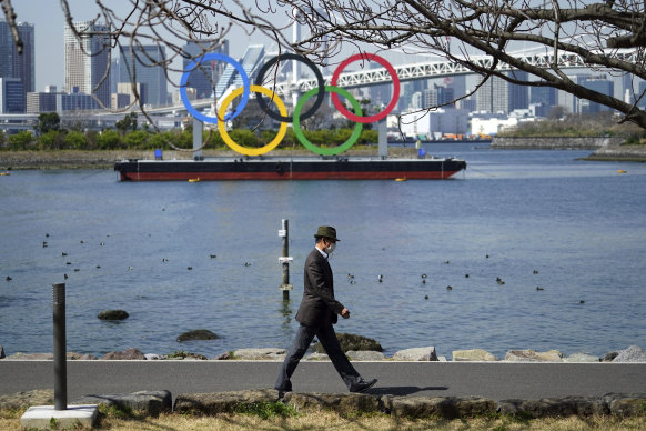 The Olympic rings float off Odaiba in Tokyo. 