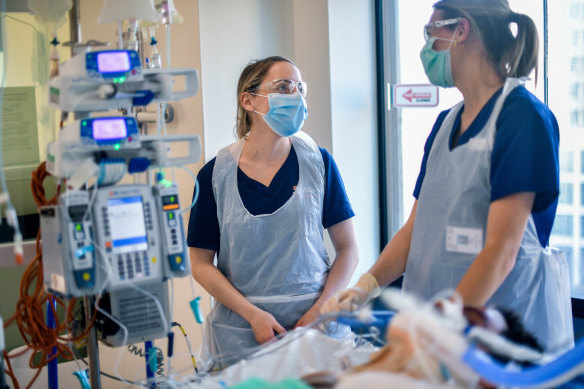 Nurses working in the intensive care unit at Royal Melbourne Hospital. 