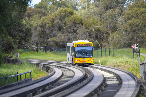 Adelaide’s O-Bahn cuts through the city’s north-west on a corridor reserved for a tram line extension. 