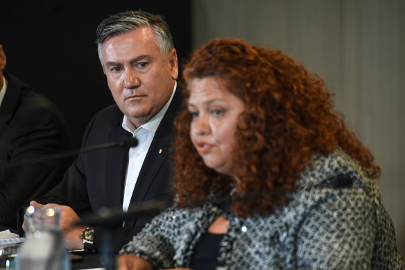 President Eddie McGuire and Collingwood integrity committee member Jodie Sizer on Monday.