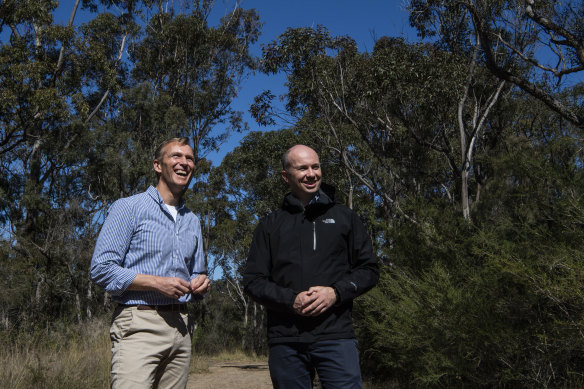NSW Planning Minister Rob Stokes with Environment Minister Matthew Kean at St Helens Park, site of the proposed Georges River koala reserve.