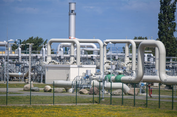 Pipe systems and shut-off devices at the gas receiving station of the Nord Stream 1 Baltic Sea pipeline and the transfer station of the OPAL in Lubmin, Germany. 