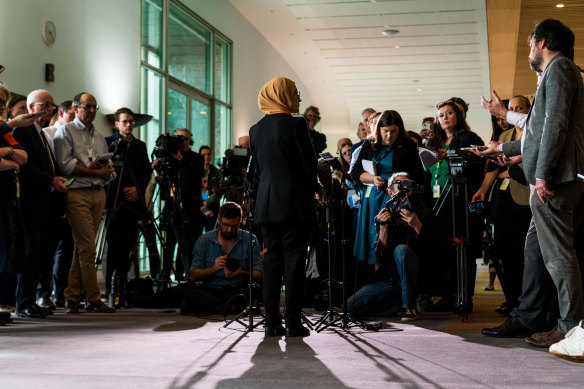 Senator Fatima Payman takes questions from the media after announcing she has quit the Labor Party.