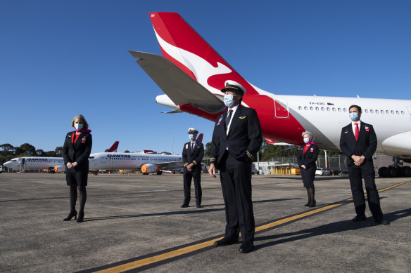 Ready for action: a Qantas flight crew in Sydney.