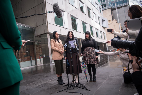 Sisters Elly Sapper (left), Nicole Meyer and Dassi Erlich outside the County Court on Wednesday.