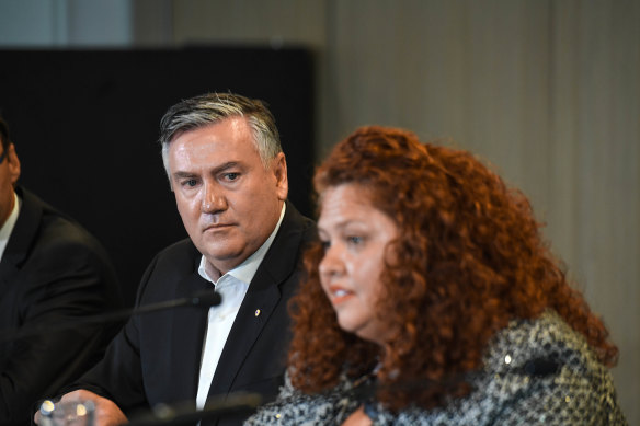 Eddie McGuire fronts the press over a leaked report of systemic racism at the club on Monday. 