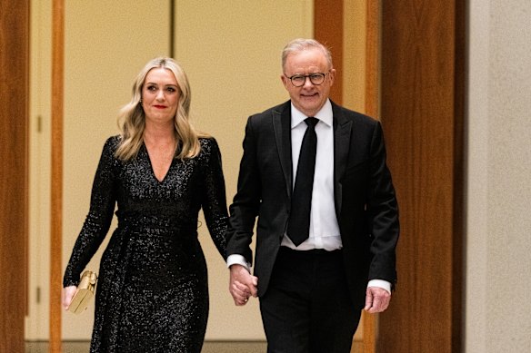 Jodie Haydon and Anthony Albanese, pictured at the Midwinter Ball in 2024, have been engaged since February last year.