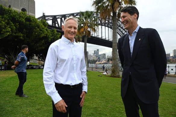 Wallabies coach Joe Schmidt with former Wallabies captain John Eales at the announcement that tickets go on sale to the public for the 2025 British and Irish Lions tour of Australia. 