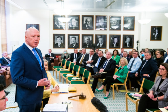 Opposition Leader Peter Dutton addressing the Coalition party room earlier this week. 