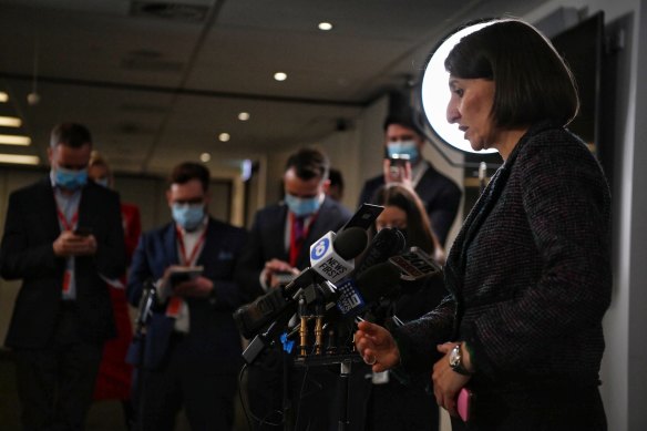 NSW Premier Gladys Berejiklian at this afternoon’s press conference.