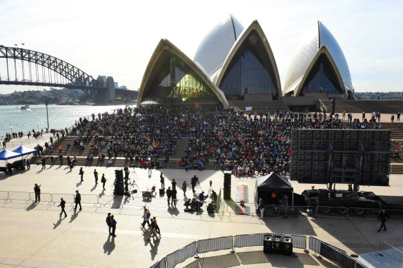People gather on the steps of the Opera House for the memorial service of former prime minister Bob Hawke.