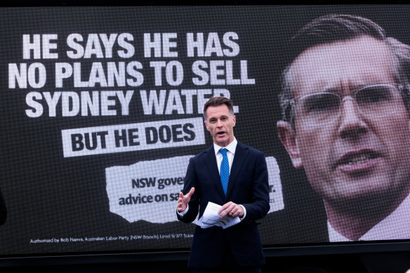 NSW Labor leader Chris Minns in front of Labor’s billboard truck on Monday.