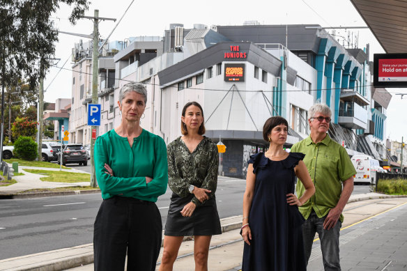 Randwick Greens councillors Philipa Veitch, Kym Chapple, Rafaela Pandolfini and Michael Olive outside The Juniors Kingford, which is seeking to almost double the maximum building height for the site. 