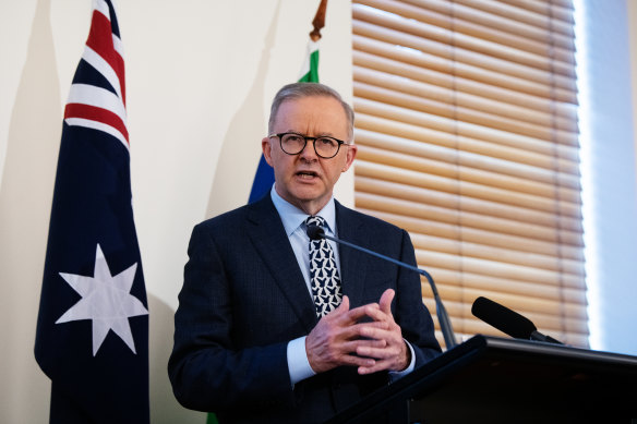 Prime Minister Anthony Albanese at the Labor caucus meeting on Tuesday.