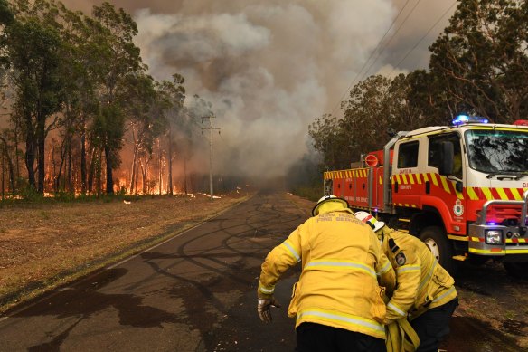 RFS volunteers at Oakdale, where the Green Wattle Creek fire was briefly bought under control on Thursday.