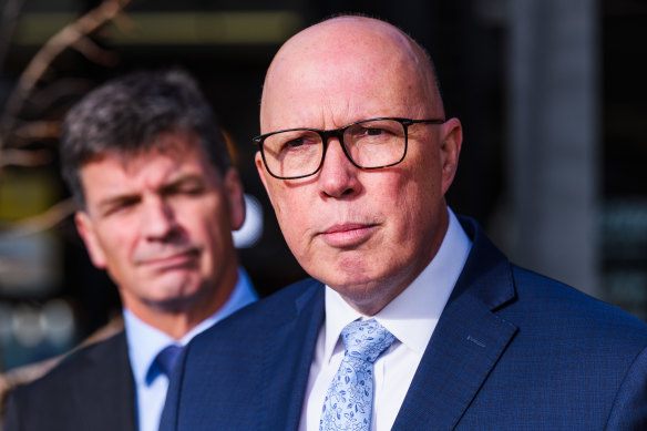 Opposition Leader Peter Dutton, right, and Treasury spokesman Angus Taylor outside Canberra July 4.