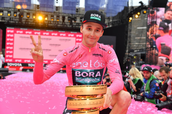 Jai Hindley with the famed Giro trophy on Sunday.