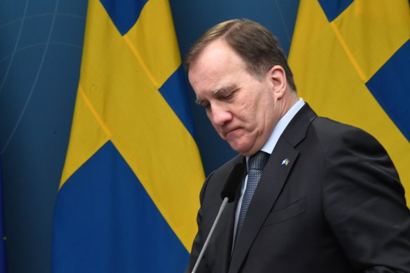 Sweden's Prime Minister Stefan Lofven speaks to the media after the laws were passed.